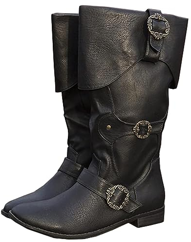Mittelalterliche Ritterstiefel für Erwachsene Cosplay - Wikinger Retro Langschaft Leder Manschettenschuhe - PU Leder Stiefel Renaissance Plus Size Stiefel Schuhe mit Gürtelschnalle,Schwarz,45