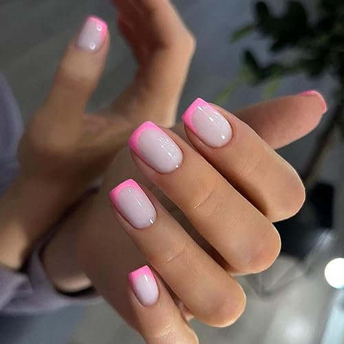 24PCS Short False Nails with Glue Stickers,Coffin Full Cover Acrylic Nails Press on Nails no Glue,White Pink Edge French Fake Nails Stick on Nails for Women and Girls Nail Art.