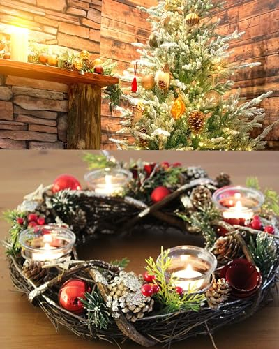 KAMACA XL Weihnachtskranz Dekokranz aus massiven Holzzweigen Ø 34 cm mit Tannenzweigen Kugeln und 4 Glas Kerzenhaltern Advent Weihnachten Festliche Tischdecko (XL Adventskranz rot 34 x 34 x 8 cm)
