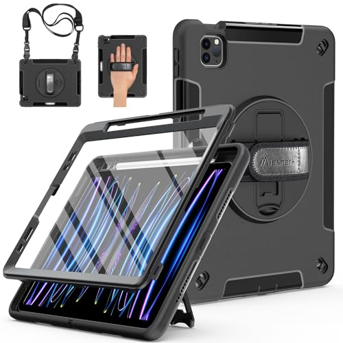 Miesherk Hülle für iPad Pro 11: 3-Schichte Robuste Stoßfest Case für iPad Pro 11 Zoll 4./3./2./1.Generation mit Displayschutzfolie-Stifthalter-Drehbare Ständer-Handschlaufe-Schultergurt-Schwarz