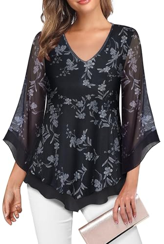 Datuhao Bluse Damen Elegant für Hochzeit Oberteil 3/4 Arm Schwarz Tunika Damen Große Größen Lang Doppellagiges Shirt Locker Lässig Ausgestellte Blusen V-Ausschnitt Blumen Tunikashirt