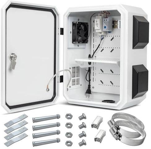 Outdoor Electrical Box with Thermostat and Fan, Cold-Rolled Steel Plate, Aluminum Alloy Back Beam, One-Piece Ventilation Design, IP65 Waterproof, Wall/Pole Mounted. (15.7 x 11.8 x 7.9)