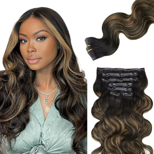 Lashey Clip in Extensions Echthaar 110g 7 Stück Balayage Natürliches Schwarz bis Chestnut Braun Nahtlose Clip in Haarverlängerung Gewellt Remy Menschliches Haar 45cm(18 Zoll)