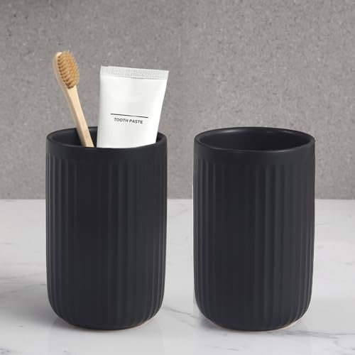 BSDISP Matte Black Toothbrush Holders - 2 Pack Ceramic Bathroom Tumbler Cups, Black Mouthwash Cup, Toothpaste Holder, Counter Organizer