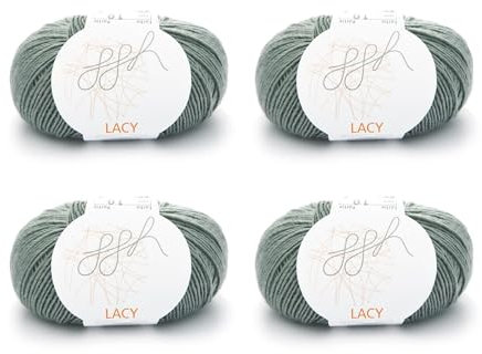 ggh Lacy Set | 4x25g (insgesamt 100g) Set| 150m/25g Merinowolle mit Seide zum Stricken | Farbe 009 - Grüngrau