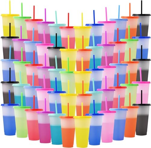 Plastic Tumblers with Lids, 60 Pcs Large Reusable Color Changing Cups for Parties Birthdays, Iced Coffee Cup Travel Mug Cold Drink Cups Bulk Tumblers (24 oz) (Change Color-60pcs)