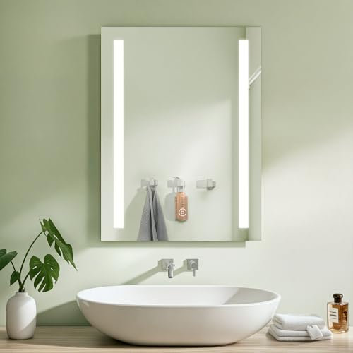 S'AFIELINA Bathroom Mirror with Shaver Socket, 50cm x 70cm Illuminated Frontlit Bathroom Mirror with LED Lights for Wall Touch Switch, 3 Color Dimmable, Memory, Anti-flog, Horizontal/Vertical