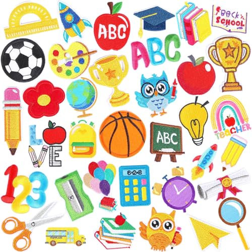 36 Stück Aufnäher zum Aufbügeln für Bleistift, Schule, Bus, bestickt, Reparaturflicken, Lehrer, Studenten, Basteln, für Kleidung, Jacken, Jeans, Hosen, Kleid, Rucksack, Hut, Dekorationen