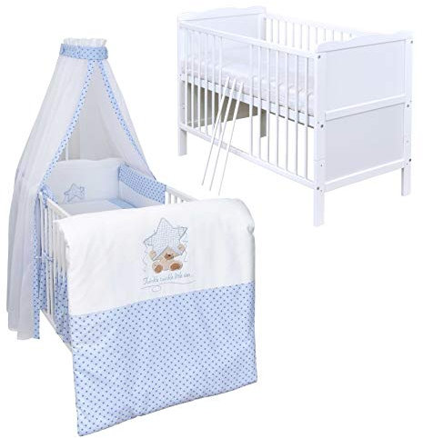 Generisch Baby Delux Babybett Komplett Set Kinderbett 60x120 cm umbaubar zum Juniorbett weiß 10-TLG Max Bettset Matratze Chiffonhimmel (Twinkle blau)