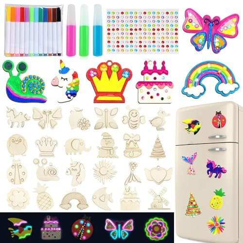 HUIKUANGEU Animales Imanes Nevera Niños,24 Piezas Imanes Nevera Niños,Juegos de Pintura para Niños-Brilla en La Oscuridad,Fabricación de Madera para Niños,Regalo para Niños de 3 4 5 6 7 Años.