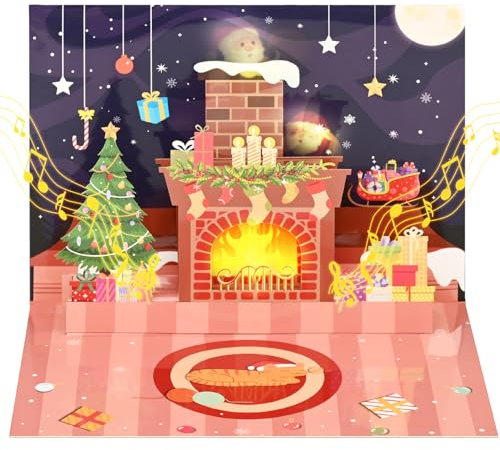 Livofloral POP UP Weihnachtskarte mit Musik, POP UP Karte Weihnachten 3D Weihnachtsgrußkarte mit Tannenbaum Kamin, Lustig Weihnachtskarte mit Umschlag für Kinder Mädchen Frauen Freundin Familie