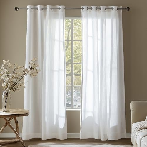 Deconovo White Net Curtains Eyelet, Super Soft Woven Linen Look Voile Curtains, Home Decorative Sheer Curtains for Bedroom Long, 55 x 90 Inch, White Linen Sheer, 2 Panels