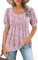 WNEEDU Tee Shirt Femme col Carré Tunique Femme Été T-Shirt Manches Courtes Chemise Fluide Plissée Hauts Chic Élegant Ample Top Petite Fleur Rose XL
