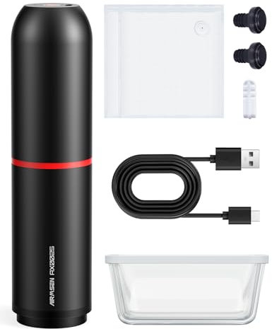 AIRMSEN Envasadora al vacío pequeña de mano con potencia de succión de 40 kPa, incluye 1 caja de vidrio de conservación al vacío, 11 bolsas de vacío y 2 tapones de vino, ideal para el hogar, viajes,