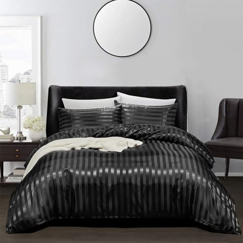 Timween Italian Style Luxury Satin Duvet Cover Set, Black, Striped Pattern, King Size, 3 Piece Set (Duvet Cover & 2 Pillowcases), Moisture-wicking, All-Season, OEKO-TEX Certified
