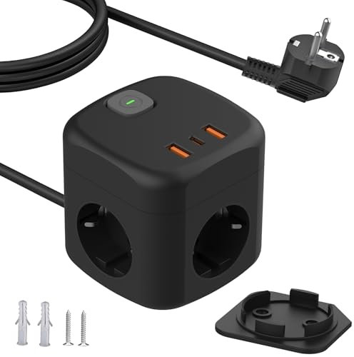 3 Fach Steckdosenwürfel mit USB, PD20W Power Steckdosenwürfel, 6-in-1 Mehrfachsteckdose mit Schalter, 3680W/16A Power Cube Wandsteckdose Verteilersteckdose 1,5m Kabel