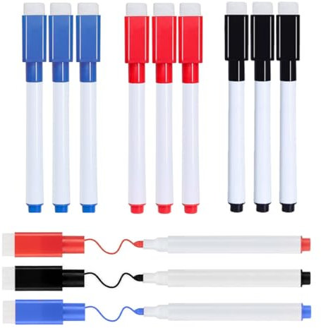 KQOZG 12 Stück Whiteboard Marker, Kein Magnetismus, Dry Erase Marker für Magnettafel Flipchart, Whiteboard Schwamm mit Stifte, für Zuhause, Schule oder Büro (Schwarz, Blau, Rot)