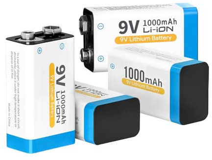 Rechargeable 9V Batteries 1000mAh High Capacity 6F22 PP3 6LR61 Battery with Charger for Smoke Detector/Alarms, Multimeters, Remote Controller, Electric Guitar, Wireless Microphone (4Pcs)