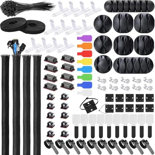 Ditar 193 PCS Cable Management Kit 4 Cable Sleeve, 28 Self Adhesive Cable Clips, 29 Cord Holders, 10+2 Roll Cable Organizer Straps and 100 Fastening Cable Ties for TV Computer Under Desk (Black)