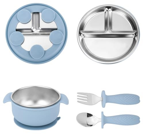 lasuroa Juego de 4 Platos de Acero Inoxidable para Bebé: Incluye 1 Plato con Compartimentos y Ventosa, 1 Tazón con Doble Asa, 1 Tenedor y 1 Cuchara Bandejas para Aperitivos y Artículos Alimentación