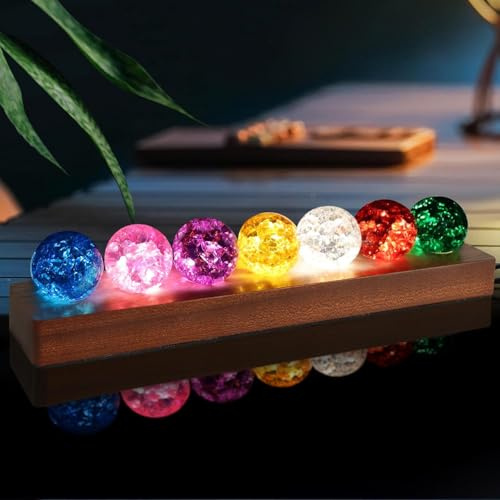 LOSCHEN 7 Farben EIS-Cracked-Kugeln, Core Memories Kristallkugeln mit LED-Sapele-Holzsockel, natürliche Heilkugeln für das Wohnzimmer Meditation Positive Energie Dekokugeln