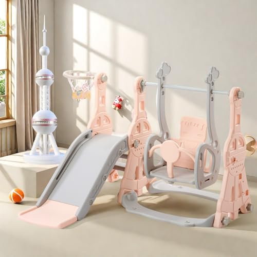 Toboggan 4 en 1 pour enfant à partir de 1 à 6 ans - Pour l'extérieur et l'intérieur - Avec balançoire et panier de basket - Escalade - Toboggan pour bébé - Toboggan de jardin (rose)