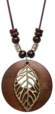 Damen Halskette mit Naturholz Anhänger Edelstahl Blatt Anhänger Bohemian Style Lange Wickelkette für Leinenkleider/Wollpullover