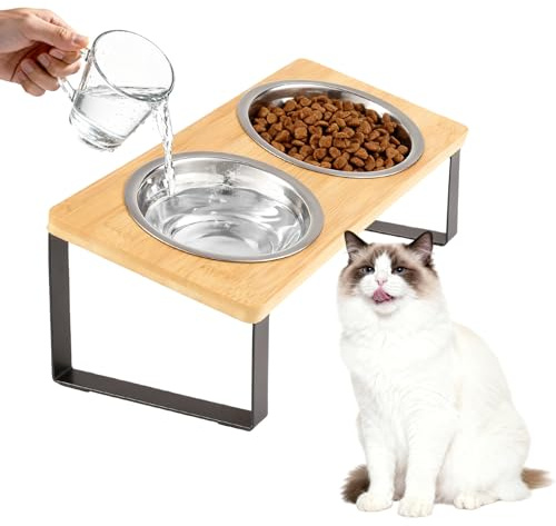 Elevated Cat Bowls with Stand Tilted, Stainless Small Dog&Cats Food Water Bowl, 15° Tilted Protect Pet's Spine, Anti Vomiting Non-Slip Rubber Base