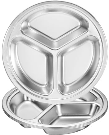 QUARKZMAN 4 Assiettes À Sections Acier Inoxydable, Plateau Service Rond 7.9 Avec 3 Sections Pour Restaurant Cuisine Contrôle Des Portions Camping, Argenté