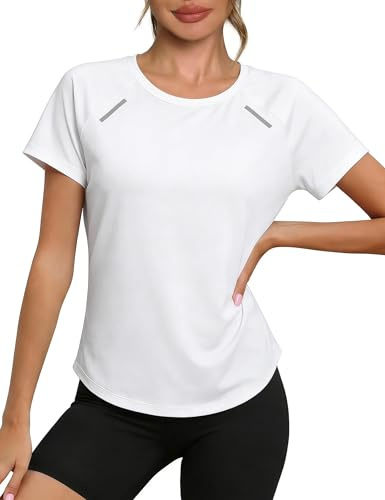Wayleb Maglietta Sportiva Donna per Palestra Maniche Corte Fitness Traspirante, Bianco-B M