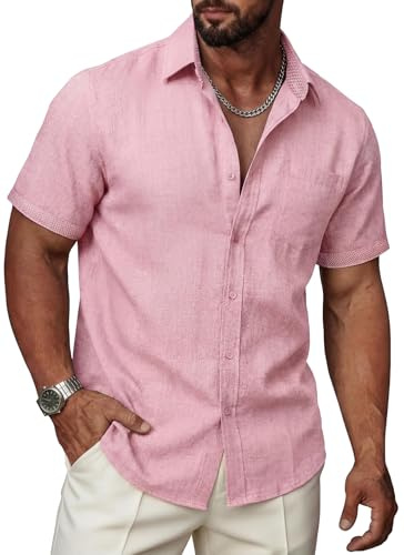 Ailisus Chemise en lin à manches courtes pour homme - Coupe droite - Contraste - Chemise d'affaires et de loisirs - Avec poche de poitrine - Pour affaires, bureau, été
