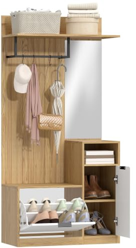 HOMCOM Appendiabiti da Ingresso con Specchio, 4 Ganci, Rovere Bianco