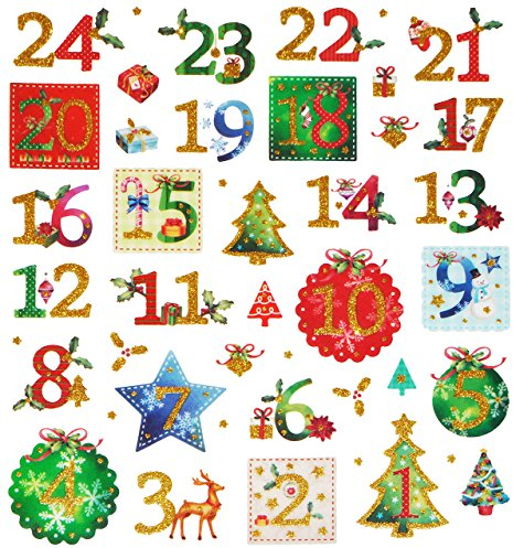 alles-meine.de GmbH 44 TLG. Set Aufkleber/Sticker - für Adventskalender Adventskalenderzahlen Zahlen 1 bis 24 Weihnachten - Zahl mit Glitzer - Weihnachtssticker - Weihnachtsauf..