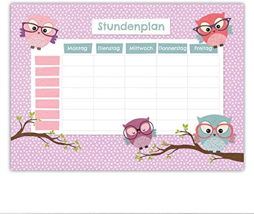 Papierdrachen Stundenplan DIN A4 Block - Motiv Eule - beschreibbar Schule - Terminkalender und Wochenplan