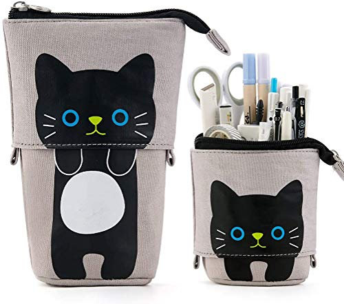 Stehen Bleistifthalter, Cartoon Nette Katze Federmäppchen Box Federbeutel Teleskop Bleistift Beutel Schreibwaren Kosmetiktaschen Aufbewahrungstasche Schminktasche mit Reißverschluss für Jungen Mädchen