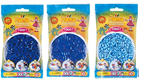 Hama Midi Bügelperlen Konvolut 3 Farben (Neon Blau 36, Pastell Blau 46) + Bügelanleitung mit 3 Design Vorlagen