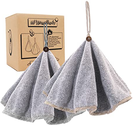 myHomeBody Handtücher für Badezimmer, Küchenhandtücher mit Aufhängeschlaufe, Weiche, saugfähige Kohlefaser-Rundhandtücher mit Kokosnussschalenknopf zum Aufhängen, Set of 2 Grey Towels
