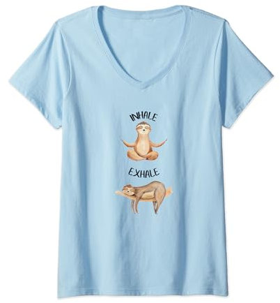 Damen Lustiges Workout Inhale Ausatmen Faultier Yoga Pose & Relax für Nickerchen T-Shirt mit V-Ausschnitt