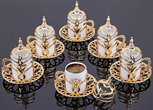 LaModaHome Tulip Patterned Espresso Coffee Cups with Saucer Holder and Lids, Porcelain Turkish, Arabic, Greek Double Shot Coffee Set of 6, Housewarming Gifts for Cappucino, Latte Lovers - Gold/White
