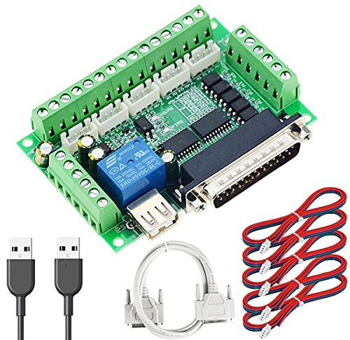 Youmile DC 12-24V CNC Ausbruch Interface Board 5-Achsen-Mach3-Schnittstellenkarte Optische Kopplerplatine mit Parallelanschlusskabel USB-Kabel XH2.54 4P-Kabel für Schrittmotortreiber MACH3