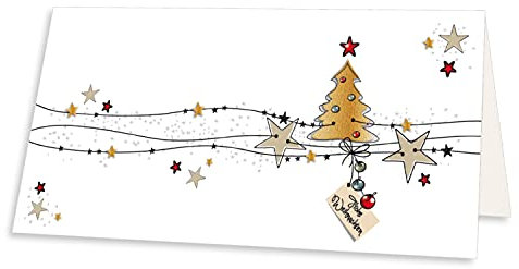 NEUSER PAPIER 20x Weihnachtskarte DIN Lang in Weiß mit Weihnachtsbaum und Sternen - Faltkarten mit Weihnachtsmotiv - 9,8 x 21 cm - Weihnachtsgrüße für Firmen und Privat