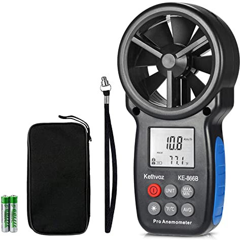Digital Wind Speed Anemometer Handheld, Kethvoz Windspeed Gauge with Wind Chill Sensor to Measure Air Flow Velocity Temp w/MAX/MIN/AVG, for Drone Fly Climbing Windsurfing Sailing HVAC KE-866B