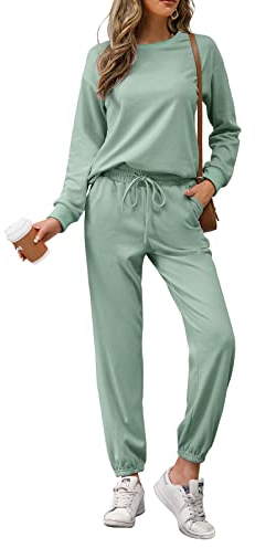REORIA Damen Tracksuit Langarm Rundhalsausschnitt Einfarbig Zweiteiler Outfit Hoodie Jogger Trainingsanzug Set Sweatshirt & Jogginghose Grün Grau L