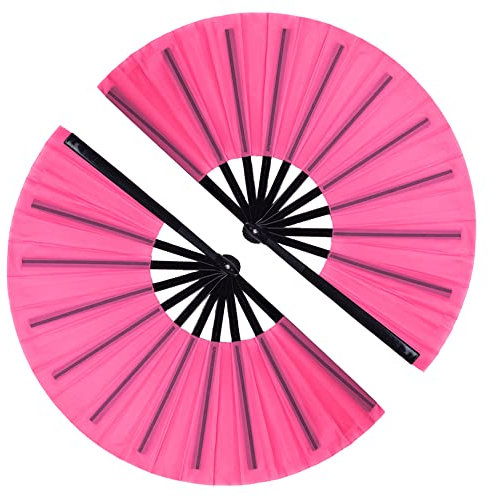2 Pack Large Folding Hand Fan, Nylon-Cloth Vintage Retro Fabric Fans, Chinese Kung Fu Tai Chi Hand Fan for men/women, Festival, Dance, Gift, Performance, Decorations (Pink)