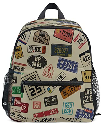 Vintage Car Number Plates Kids Backpack for Girls Boys, Small School Shoulder Bag with Name Tags Preschool Student Bookbag Travel Toddler Baby Diaper Bag for Kindergarten with Chest Strap