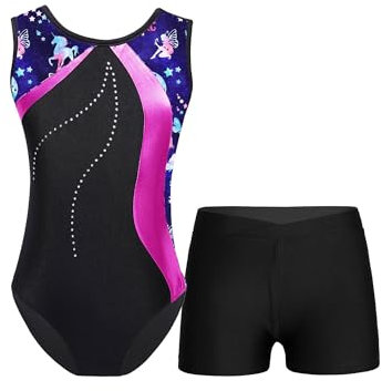 Freebily Mädchen Turnanzug Glitzer Ärmellos Turntrikot Gymnastik Body Shorts Set Kinder Ballett Tanzkleidung Wettkampf Traininganzug A_Marineblau&Rose 98-104/3-4 Jahre