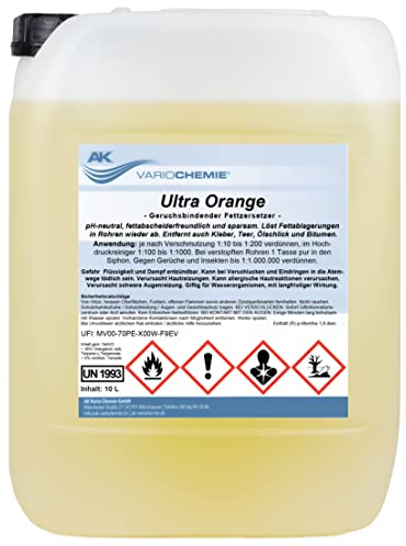 Orangenreiniger Konzentrat - ULTRA STARK - 75% Orangenterpene - 10 Liter - biologisch abbaubar - löst hartnäckigste Verschmutzungen - Kaugummi, Kleber, Fett & Flecken - AK VARIOCHEMIE Made in Germany