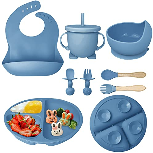 Hoidokly Vajilla Bebe Silicona con Ventosa Plato Cuenco Cuchara Tenedor Tazas Babero Set sin BPA,8 Piezas Antideslizante Compartimentos Aprendizaje Kit Vajilla para Infantil Niños - Azul Marino