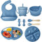 Hoidokly Vajilla Bebe Silicona con Ventosa Plato Cuenco Cuchara Tenedor Tazas Babero Set sin BPA,8 Piezas Antideslizante Compartimentos Aprendizaje Kit Vajilla para Infantil Niños - Azul Marino