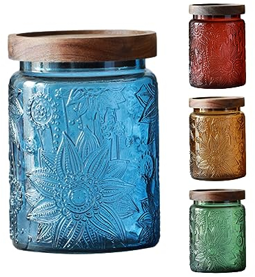 ANSQU Lot de 4 bocaux vintage en verre gaufré avec couvercles hermétiques en bois massif (671,9 g) pour cuisine, garde-manger, pâtes, farine, céréales, riz, sucre, thé, grains de café, etc.